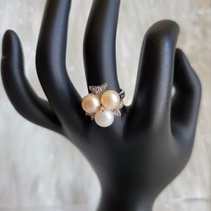 Pearl Cluster & Diamond Accented Sterling Silver Ring